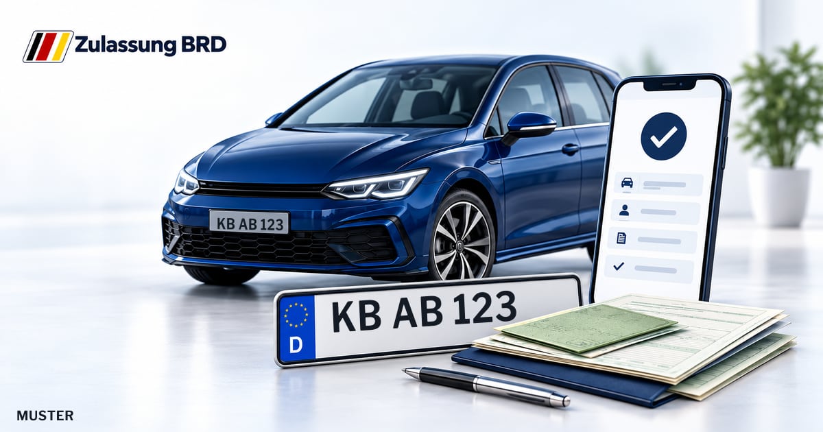Online Fahrzeugzulassung in Bad Wildungen: Musterkennzeichen KB AB 123, Auto und Fahrzeugpapiere und Smartphone. Illustration mit Logo von Zulassung BRD.